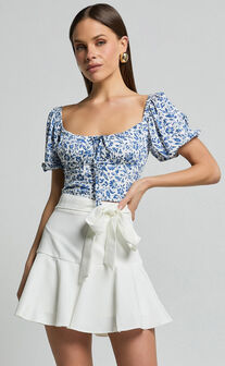 Karina Top - Puff Sleeve Ruched Bodice Corset Top in Blue Floral
