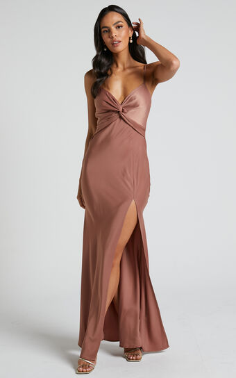 Gemalyn Midi Dress - Twist Front Thigh Split Dress in Dusty Rose