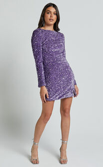 Tracy Mini Dress - Sequin Long Sleeve Backless Dress in Purple