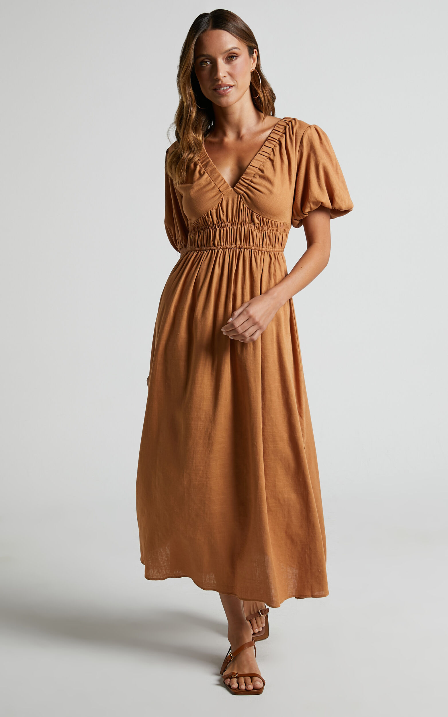 Lorella Midi Dress - Puff Sleeve Plunge Neck Dress in Butterscotch - 06, BRN1