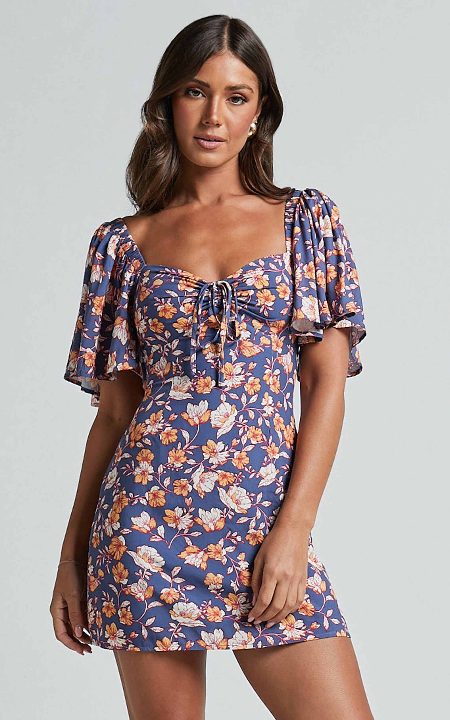 Ceriana Mini Dress - Flutter Sleeve Gathered Chest Dress in Navy Floral - 06, NVY1