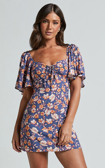 Ceriana Mini Dress - Flutter Sleeve Gathered Chest Dress in Navy Floral