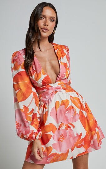 Ally Mini Dress - Plunge Neck Long Sleeve A Line Dress in Print