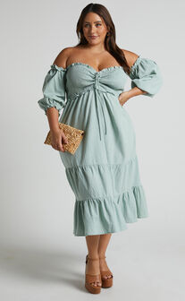 Nikka Midi Linen Blend Dress - Shirred Off Shoulder Puff Sleeve Dress in Sage