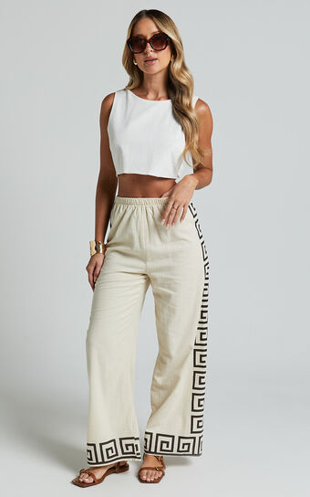 Marie Pants - Elasticated Linen Look Pants in Beige Geo