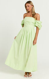 Annie Midi Dress - Off The Shoulder Ruffle Sleeve Pleated Dress in Lime ...
