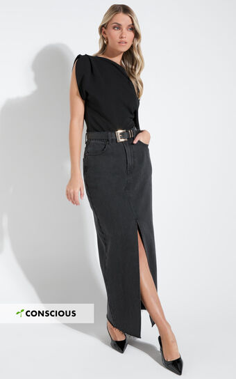 Kira Midi Skirt - Front Split Denim Skirt in Washed Black