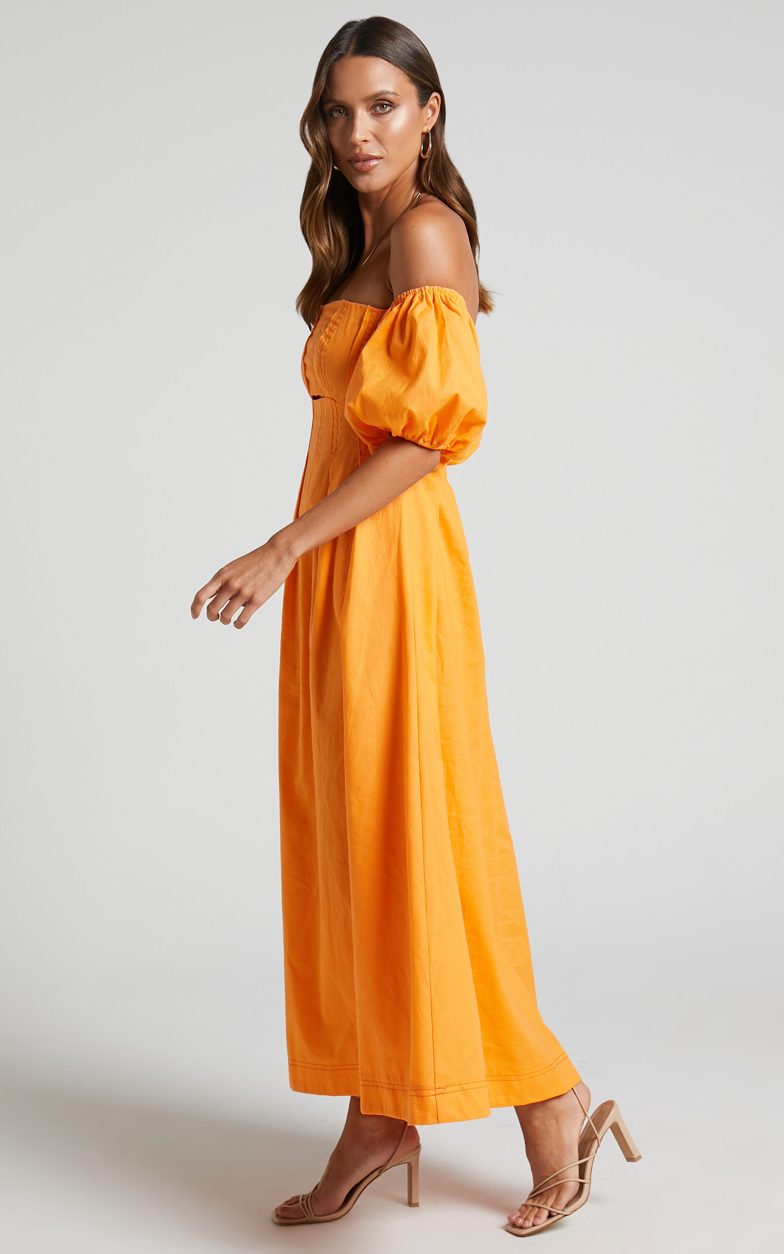 Nora Maxi Dress - Linen Off Shoulder Puff Sleeve Dress in Orange ...