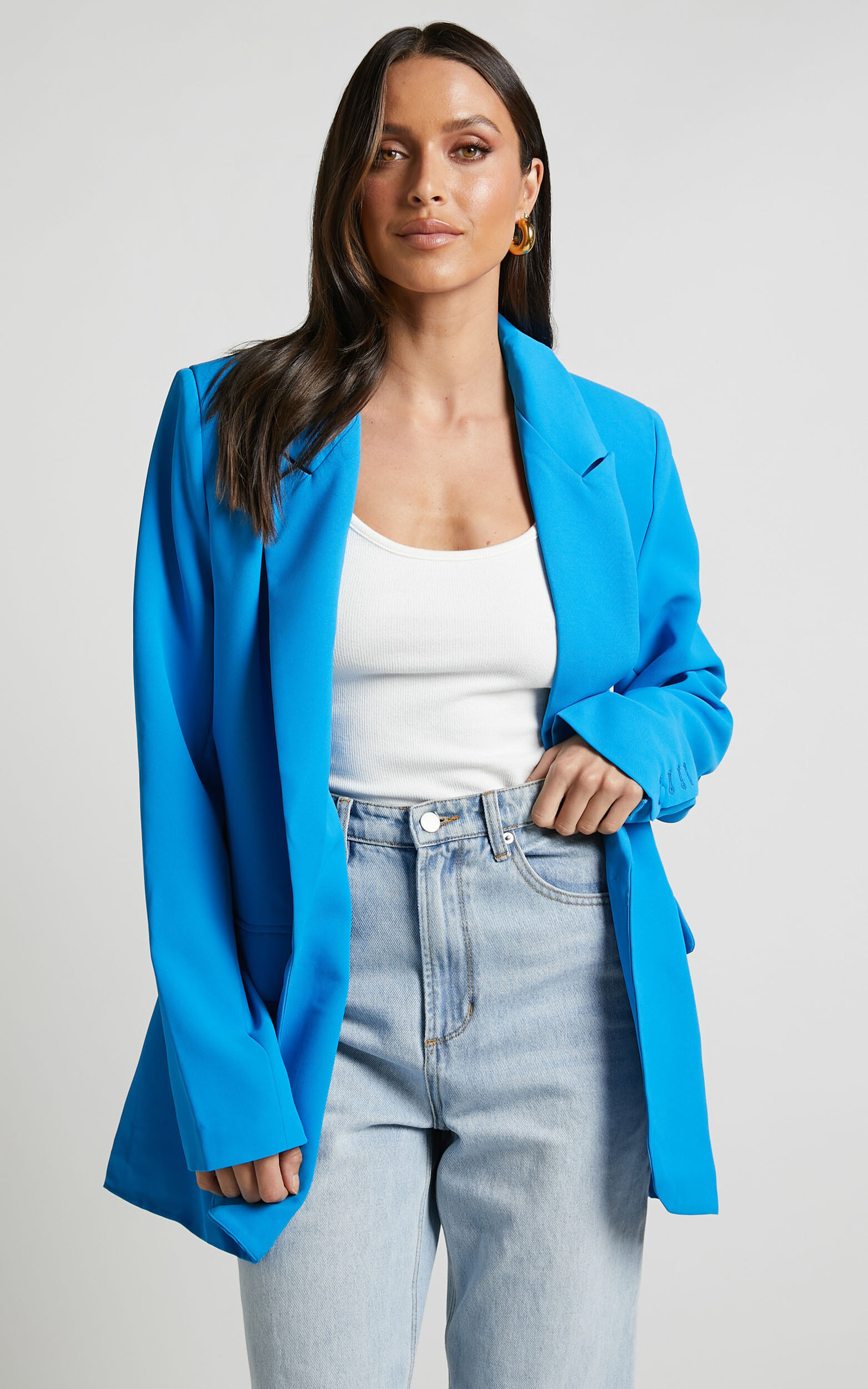 Michelle Blazer - Oversized Plunge Neck Button Up Blazer in Blue | Showpo