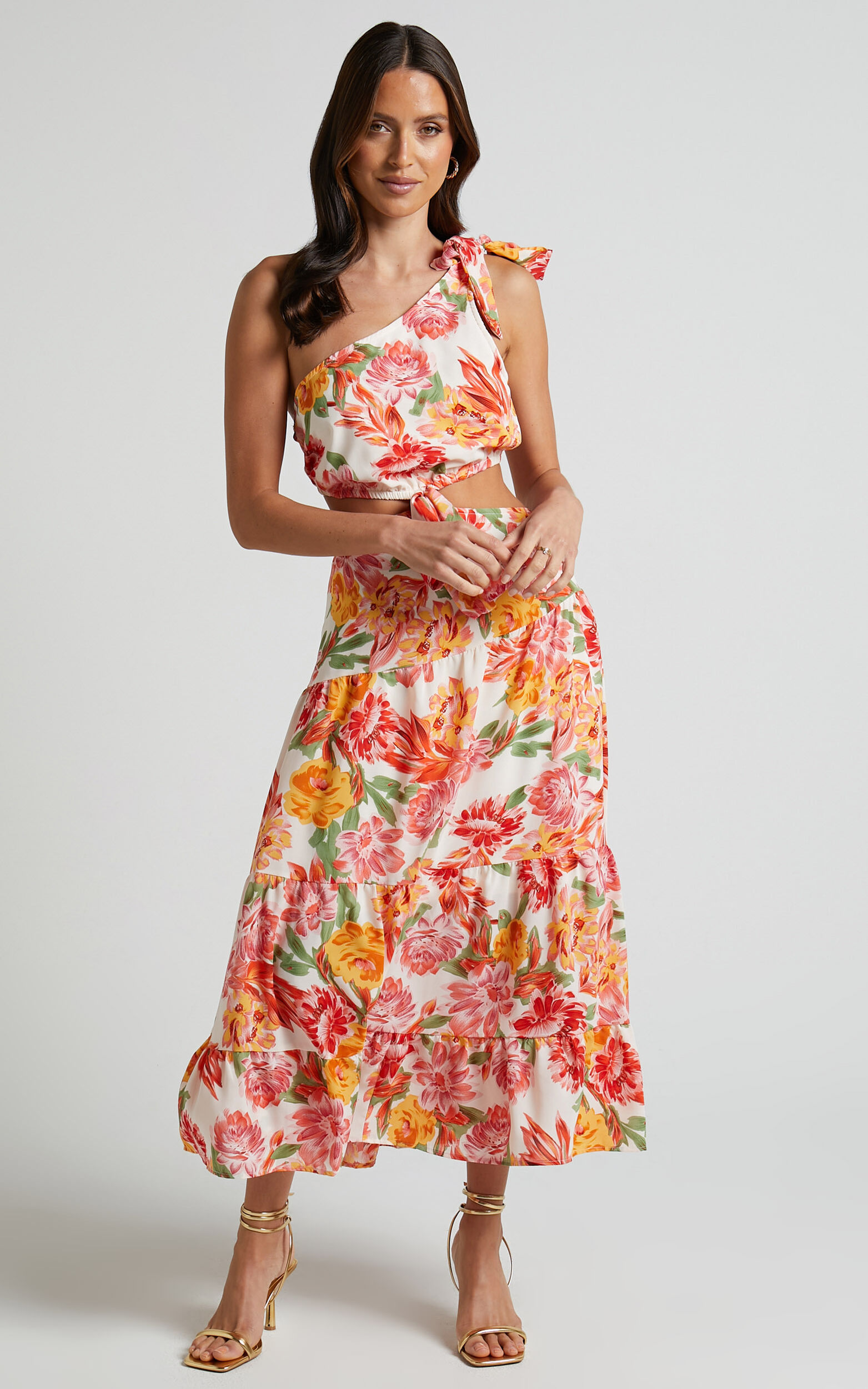 Amabella Midi Linen Blend Dress - Tie One Shoulder Cut Out Dress in Orange Floral - L, ORG1