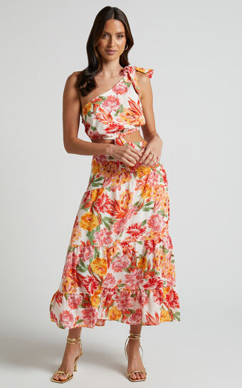 Amabella Midi Linen Blend Dress - Tie One Shoulder Cut Out Dress in Orange Floral