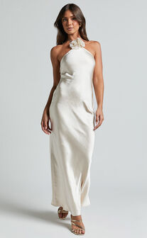 Chanah Maxi Dress - Linen Look Twist Front Halter Neck Tie Dress in Off  White
