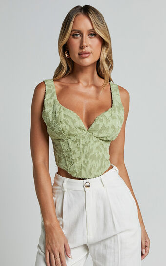 Haylee Top - Plunge Sweetheart Neck Jacquard Corset Top in Sage Floral