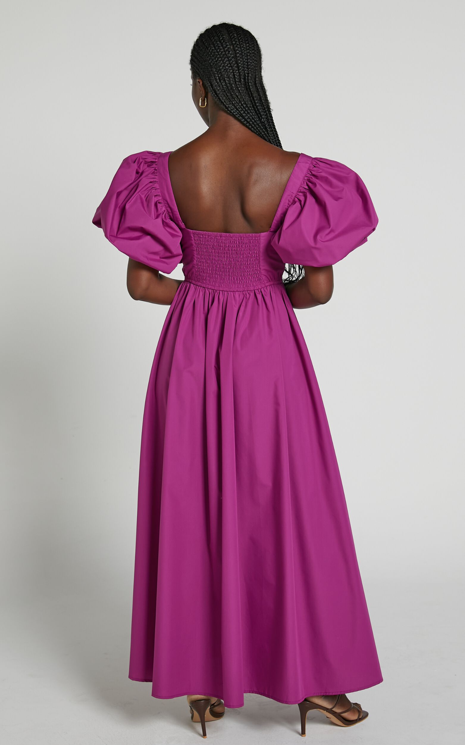 Raiza Midi Dress - Shirred Waist Puff Sleeve Dress in Orchid | Showpo USA