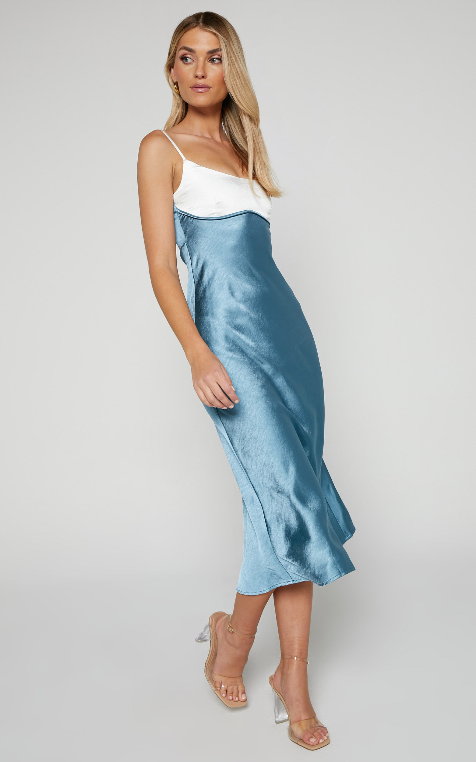 Blue satin slip dress best sale