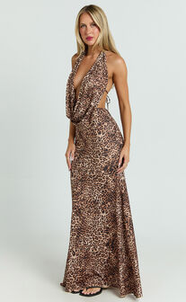 Sofia Maxi Dress - Jersey Low Cowl Neck A Line Dress in Tonal Leopard