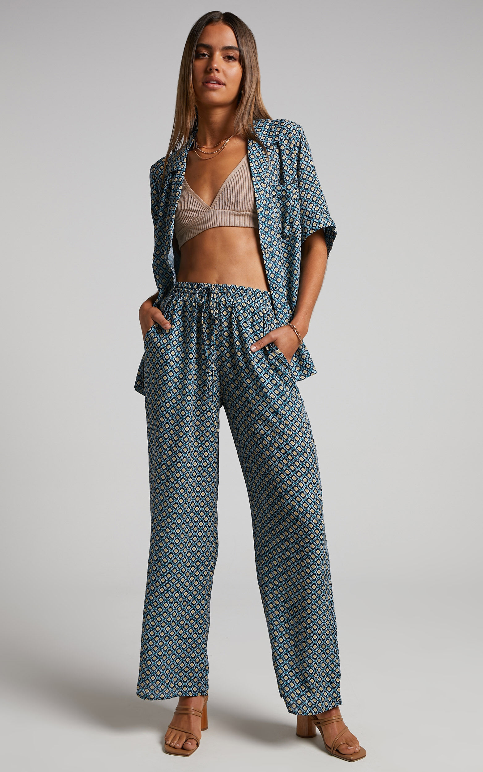 Brunita Pants Mid Waisted Relaxed Elastic Waist Pants in Tile Geo Showpo