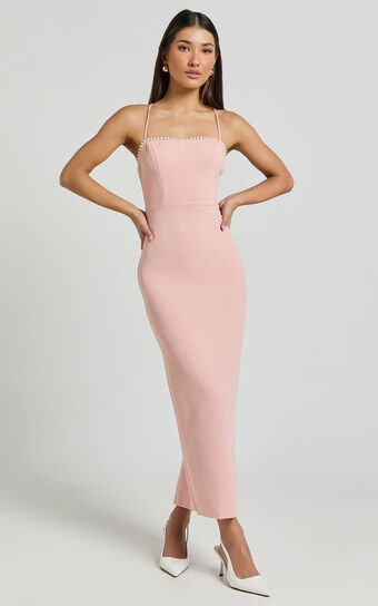 Amayla Midi Dress - Strappy Pearl Trim Column Dress in Pink