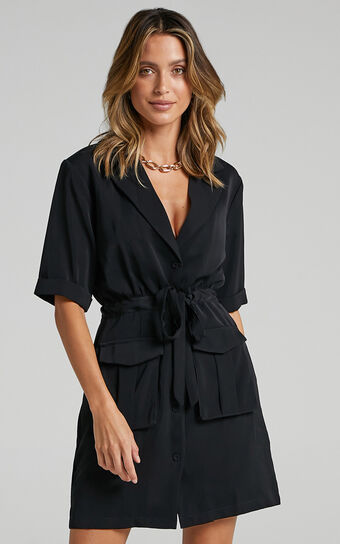 Aphra Wrap Mini Dress - Short Sleeve V Neck Tie Waist Mini Dress in Black