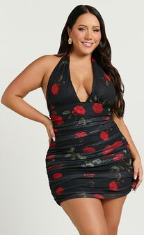  Ziva Mini Dress - Plunge Halter Ruched Dress in Midnight Rose
