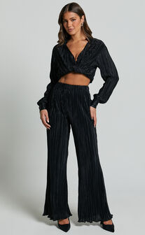 Beca Pants - High Waisted Plisse Flared Pants in Black
