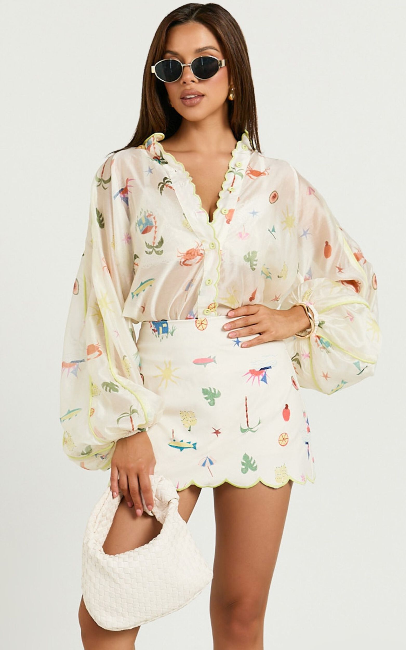 Amalie The Label - Malia Full Sleeve Button Front Blouse in Tropical Oasis Print - 06, CRE1
