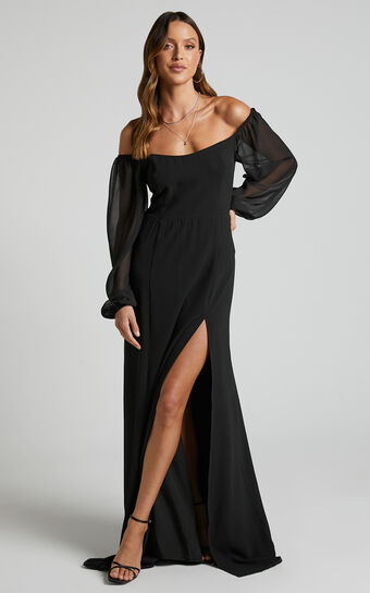 Bryanne Maxi Dress - Off The Shoulder Bishop Sleeve Dress in Black