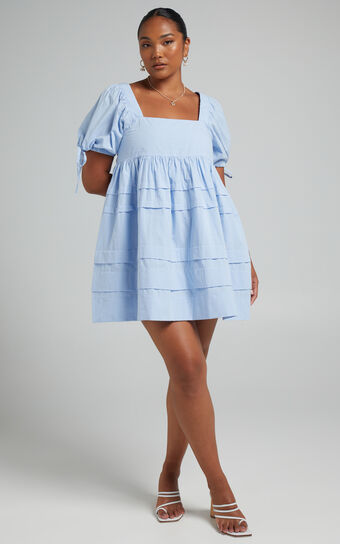 Eleua Mini Dress - Pintuck Short Puff Sleeve Dress in Baby Blue