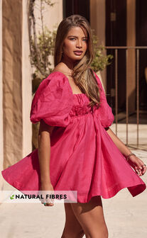 Amalie The Label - Hamyya Linen Tie Back Puff Sleeve Mini Linen Dress in Magenta