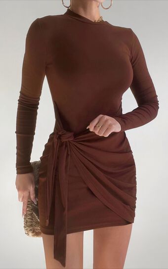 Marleen Mini Dress - Wrap Front Long Sleeve Bodycon Dress in Dark Oak