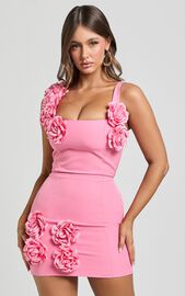 Emmy Mini Dress - Rosette Detail Fitted Dress in Bubblegum Pink | Showpo