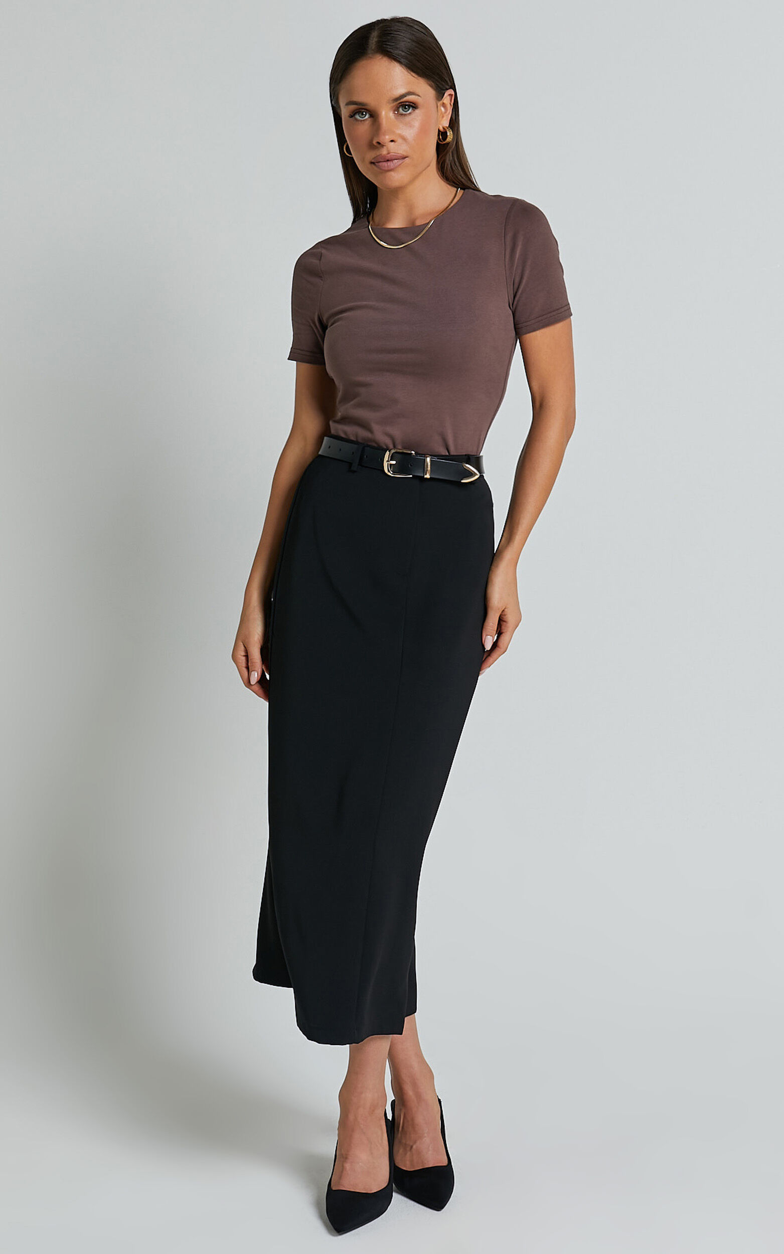 Alanna Midi Skirt - High Waisted Back Split Pencil Skirt in Black - 06, BLK1