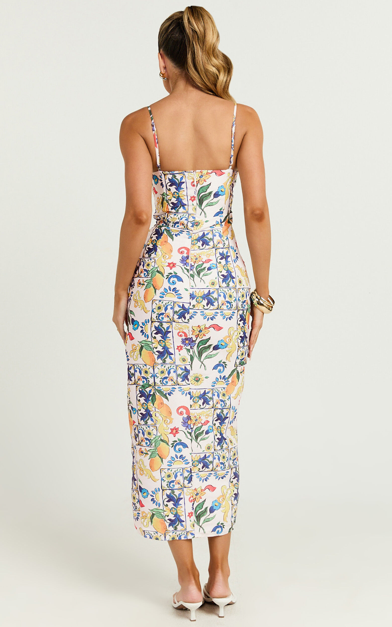 Janice Midi Dress Knot Detail Front Split Dress in Positano Print