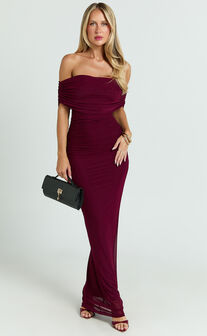 Caterina Maxi - Ruched Off Shoulder Mesh Dress in Wine