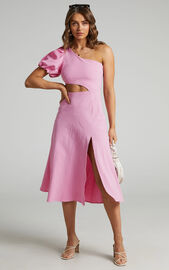 Marcia Midi Dress - One Shoulder Dress with Side Cut Out in Pink Linen ...