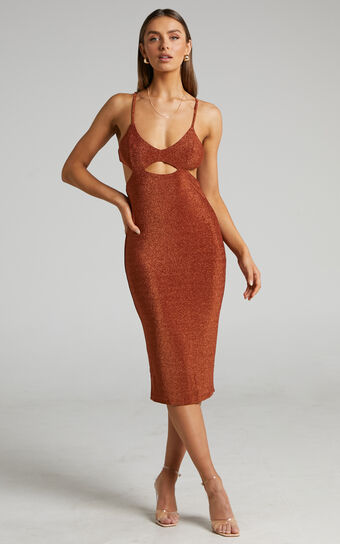 Maricar Midi Dress - Cut Out Bodycon Lurex Dress in Copper