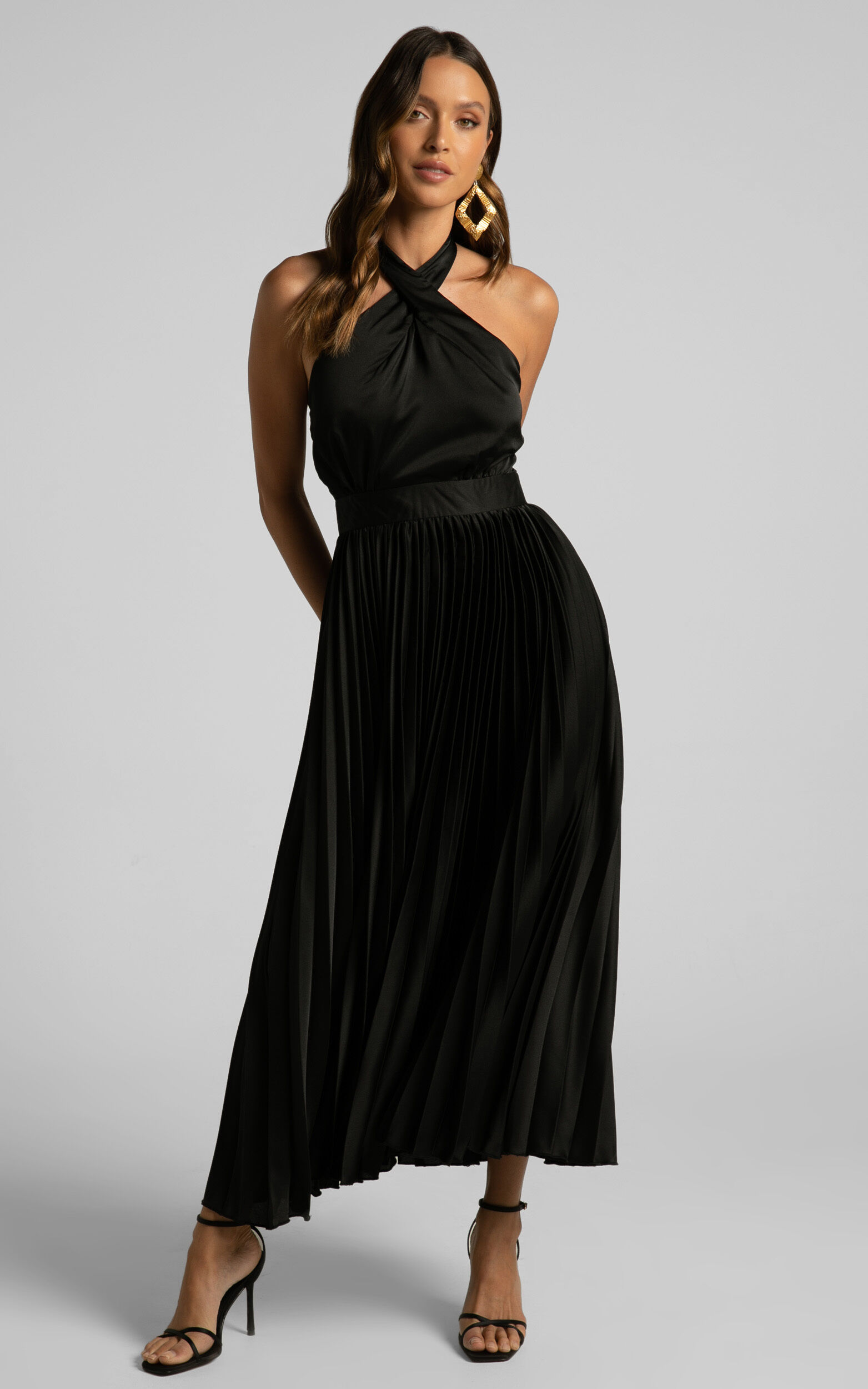Eloise Midi Dress Halter Neck Pleated Dress in Black Showpo NZ