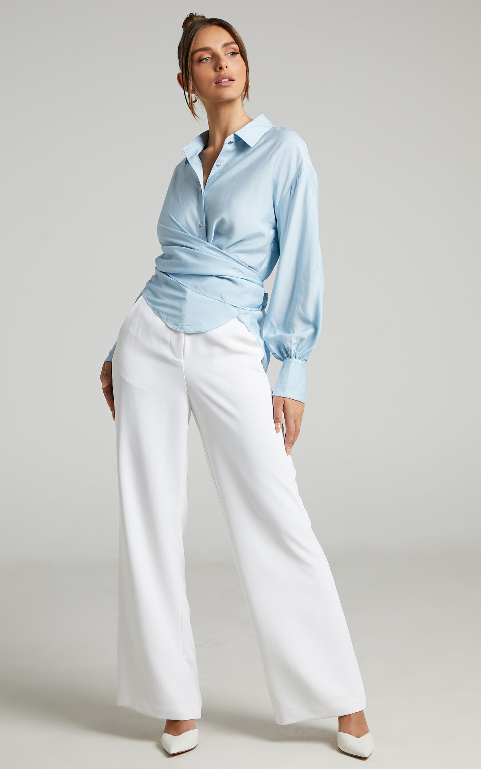 Ehrna Shirt - Twist Front Collared Long Sleeve Shirt in Blue | Showpo