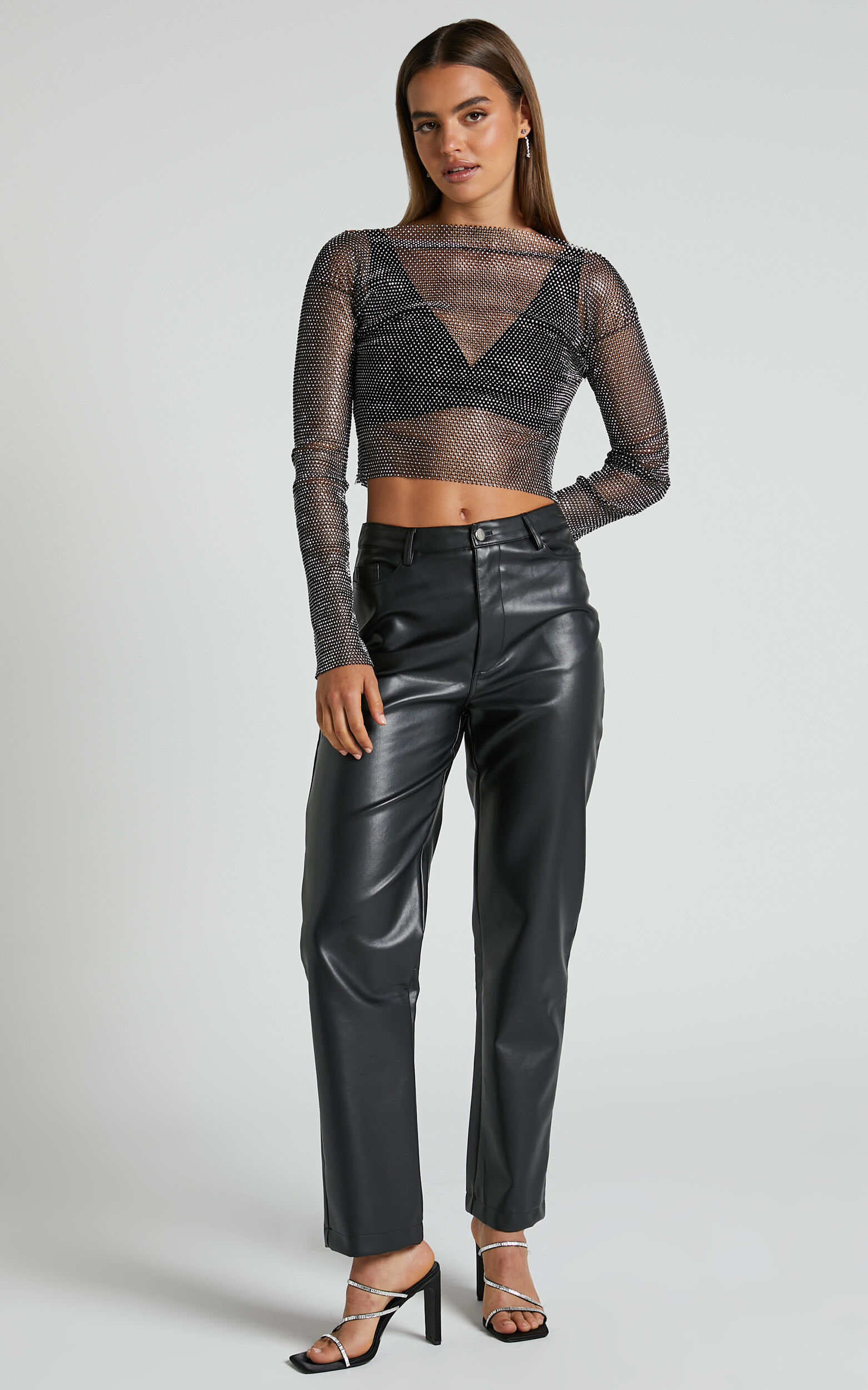 Skylae Top Diamante Mesh Long Sleeve Crop Top in Black Showpo USA