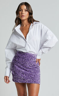 Barlyn Mini Skirt - High Waisted Aline Flat Sequin Skirt in Pearl