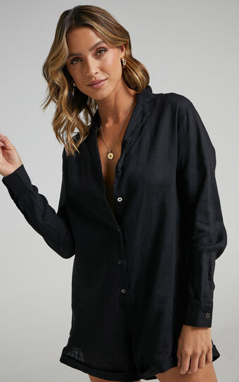 Island Time Playsuit in Black Linen Look