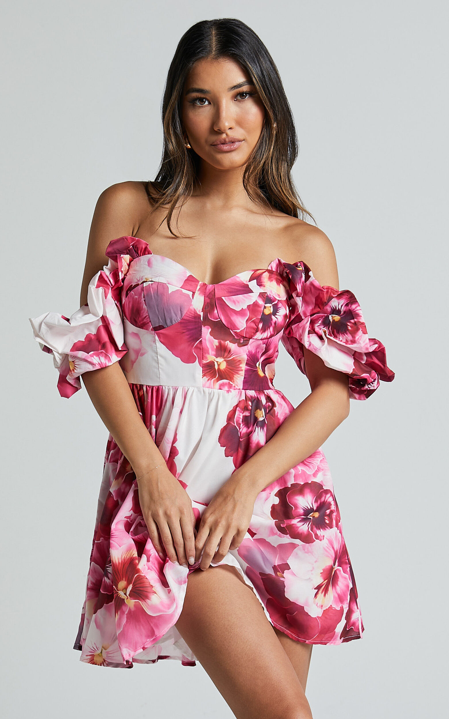 Cheryl Mini Dress - Off the Shoulder Sweetheart Flare in Fiesta Floral Pink - 06, PNK1