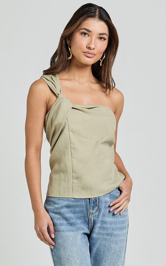 Bobbi Top - Linen Look Knot Detail One Shoulder Top in Sage