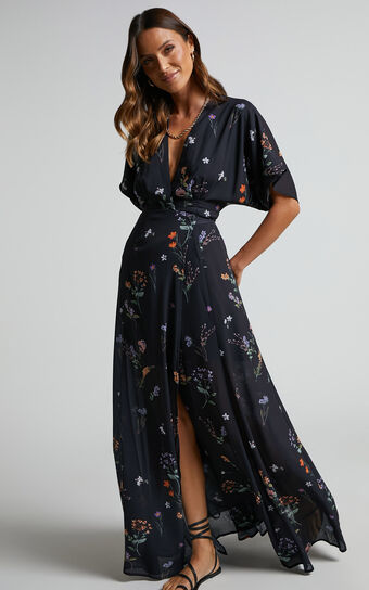 Erenza Maxi Dress - Extended Sleeve Wrap Dress in Black Flower Field