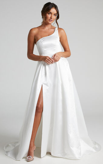 Desire Me Gown - One Shoulder Thigh Split Gown in Ivory Satin | Showpo USA