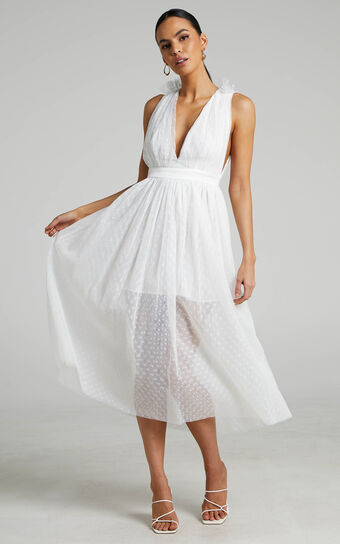 Xenia Midi Dress - Plunge Tulle Dress in White