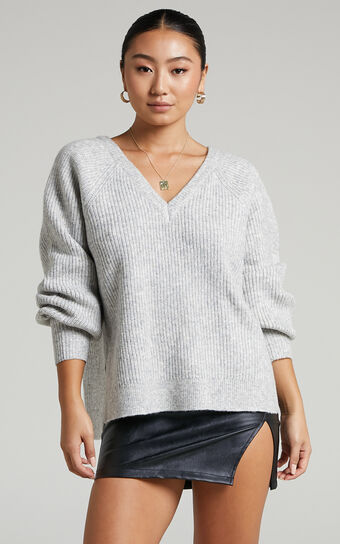 Lumina Sweater - Oversized V Neck Sweater in Grey Marle
