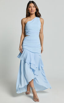 Sasha Midi Dress - One Shoulder Side Cut Out Asymmetrical Dress in Ice Blue