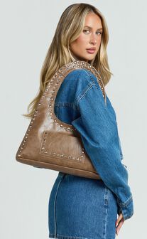 Kristie Bag - Hardware Studded Slouchy Tote Bag in Light Brown