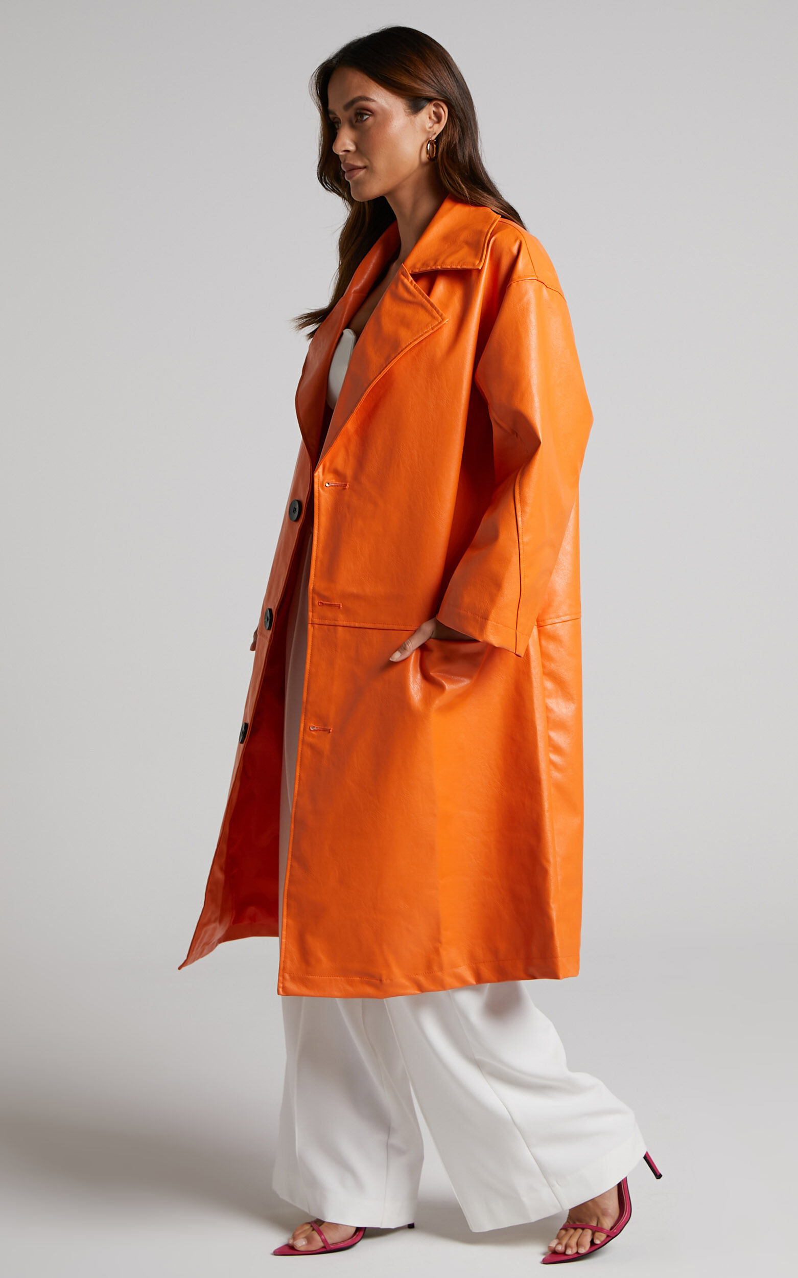 Orange leather trench coat online